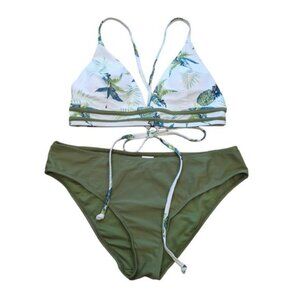 NEW Shekini Triangle Strappy Bikini Set Green Tropical Print Women's L